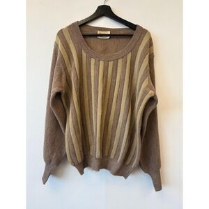 Vintage Pattinni Sweater XL Brown Green Striped Crew Neck Knit Made in Italy 70s